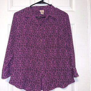 Covington Woman's Purple/Black Aztec Print Silk Button-Up Blouse Medium